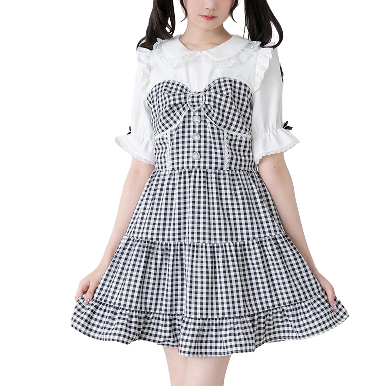 

Yumetenbou Mass-Produced Clothing [Dear My Love] Casual Dress, Round Collar, Bustiered Dress, Women s, Gingham Black, Yumetenbou