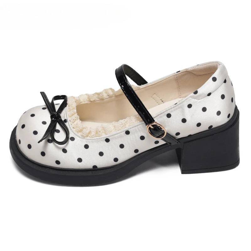 Cute Polka Dot Thick Heel Women Mary Jane Shoes Comfort Shallow Strap Pumps Ladies Eelgant Butterfly-knot Dress Single Shoes