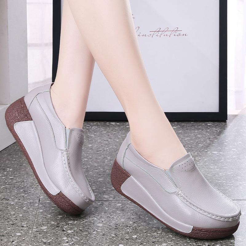 Genuine Leather Casual Shoes Women Fashion Platform Shoes Slip-on Loafers Walking Wedge Heels Rocker Shoes