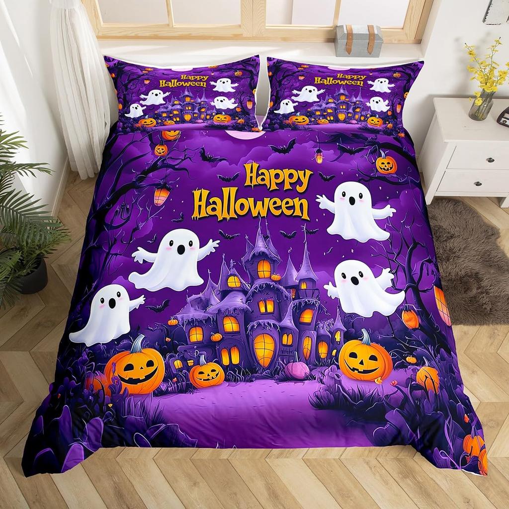 Halloween Twin Duvet Cover Spooky Ghost Pumpkin Bat Bedding Set Horror Castle Funny Halloween Comforter Cover for Kids Adults