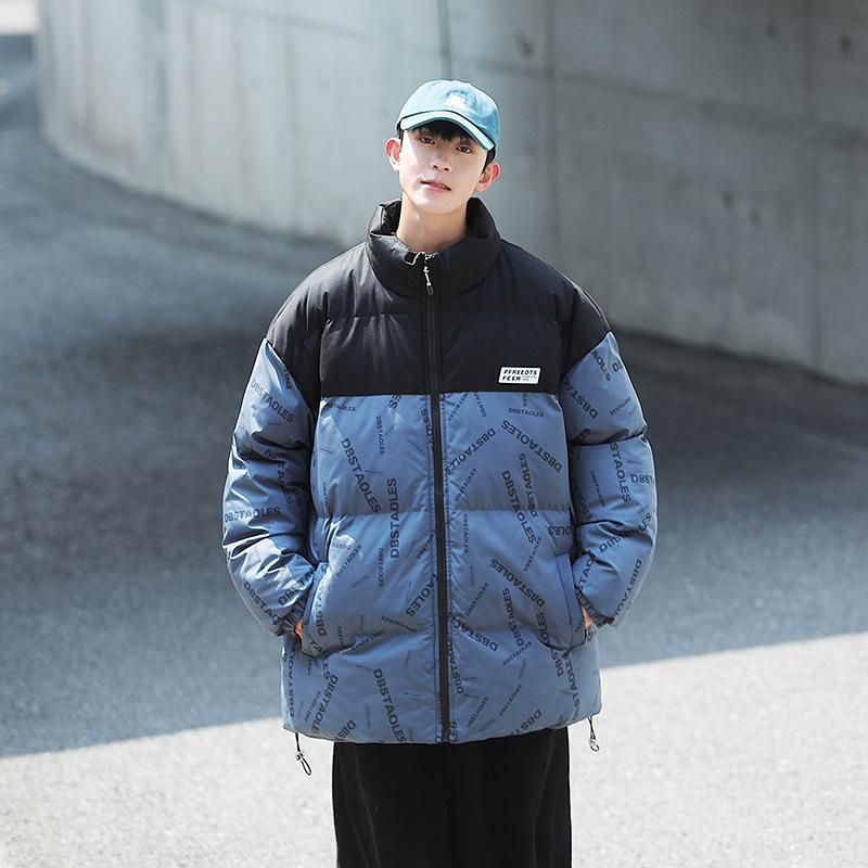 Men's and Women's Hong Kong Style Stand-up Collar Letter Splicing Autumn and Winter Thickened Velvet Jacket Men's Padded Jacket Couple Clothing