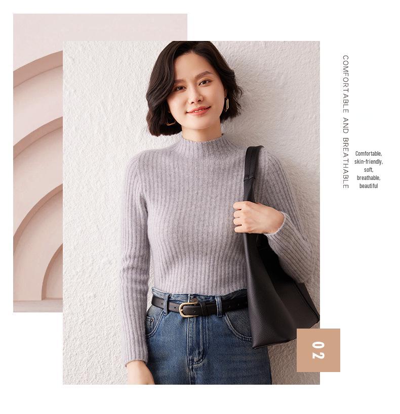 Women's Striped Cashmere Sweater - Autumn/Winter, Half-High Neck, Slim-Fit, Knitted Base Layer