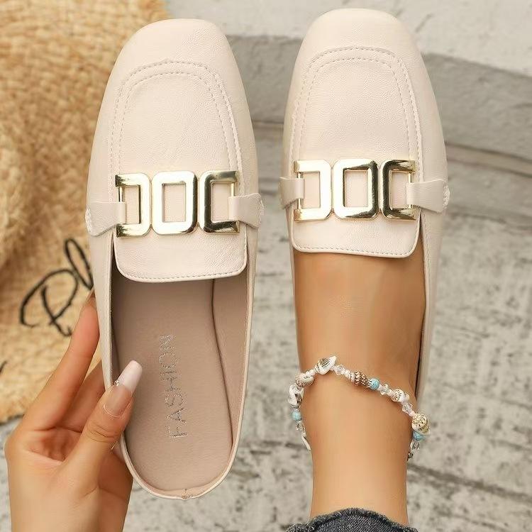 

2025 European Station Single Shoes Women s New Versatile Buckle Metal Summer Flat Bottom Light Mouth Metal Buckle Color Loafers 43