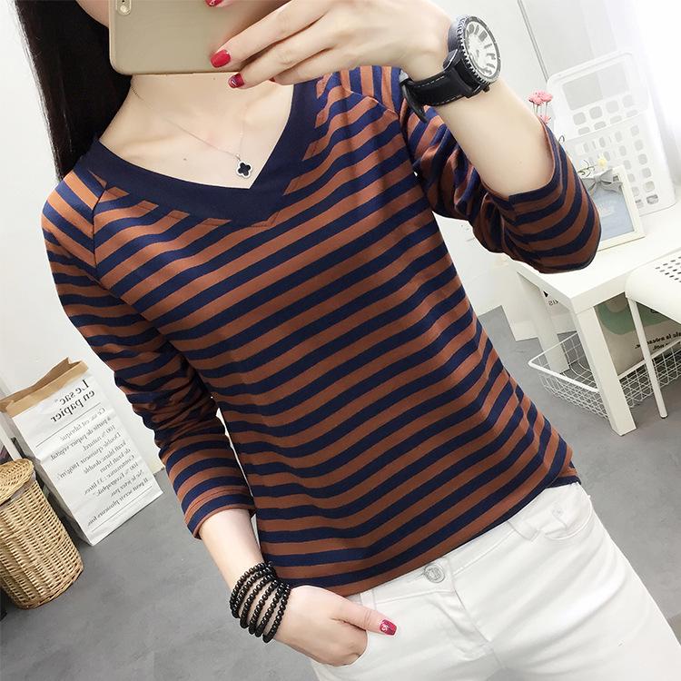Autumn 2023 Loose V-Neck Long-Sleeve Cotton T-Shirt for Women - Plus Size