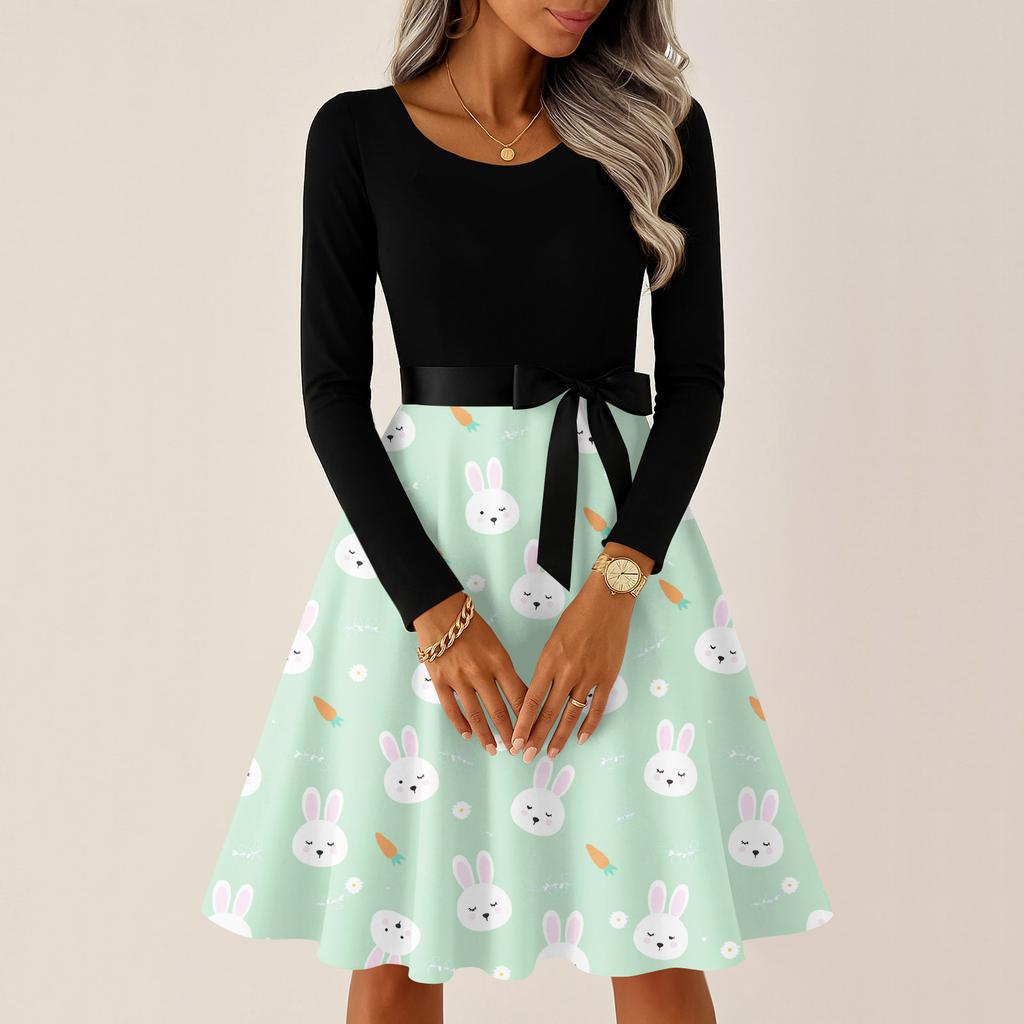 Women's Casual Fashion R-neck Long Sleeved Retro Christmas Print Retro Dress
