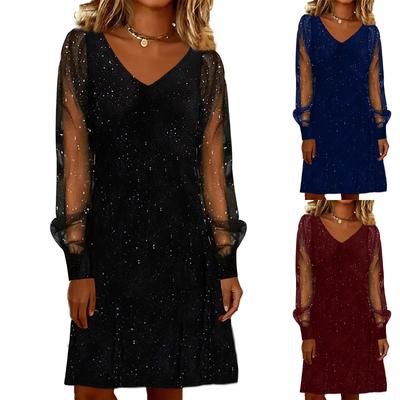 Moda Feminina Malha,Painel Cor V,Decote Longo,Manga Longa Vestido