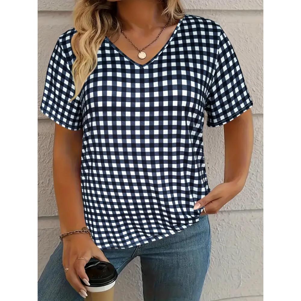 

Женская футболка с клетчатым узором и принтом, летняя повседневная, с коротким рукавом, модная для активного отдыха XL