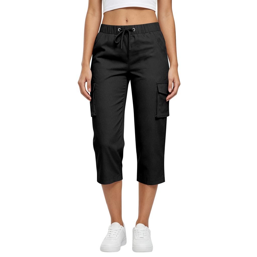 Damen High Waist Cargo Capri-Hose Lässiger Tunnelzugbund Leichter atmungsaktiver Stoff Dehnbare Passform Outdoor Activewear