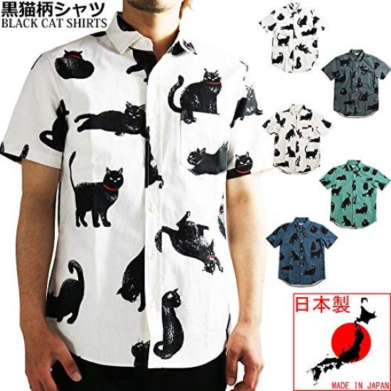 Quintet Casual Black Cat Print Short Sleeve Made in Size White Men's Shirt, Japan, M, (Product Code 01-79416-s)