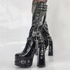 14.5cm Slim Fit Women Thigh High Boots Rivets Chains Platform Thick High Heels Boots Full Zip Shoes Woman Big Size 41 44 47