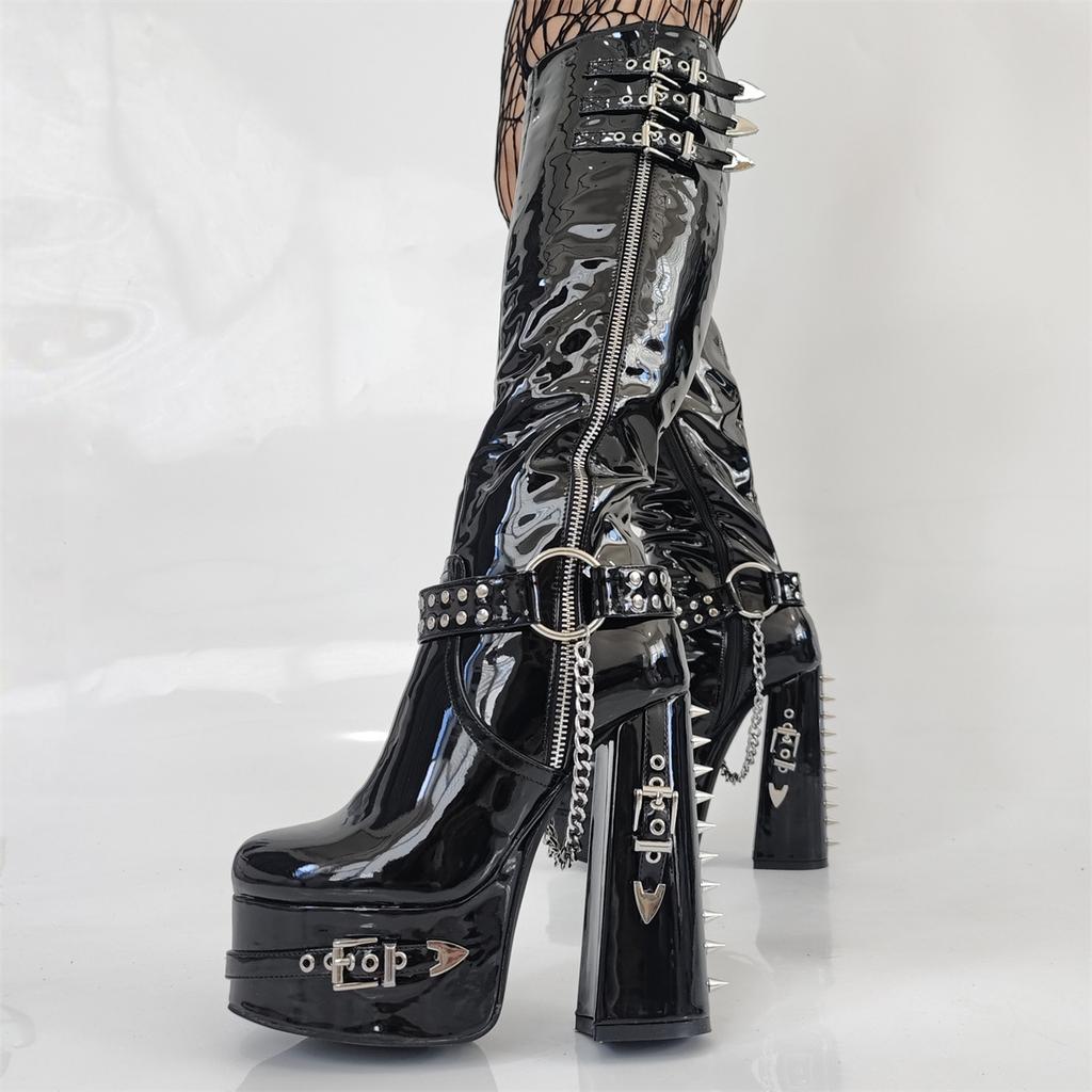 14.5cm Slim Fit Women Thigh High Boots Rivets Chains Platform Thick High Heels Boots Full Zip Shoes Woman Big Size 41 44 47