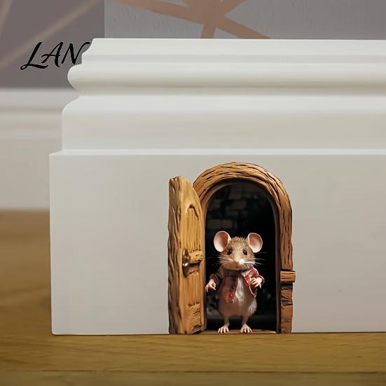 Holiday Theme Wall Decor Christmas Cute Mouse Break?Through Decals, 3D Hole Self?Adhesive Nursery Room Art Stickers, DIY for Living Entryway Kids