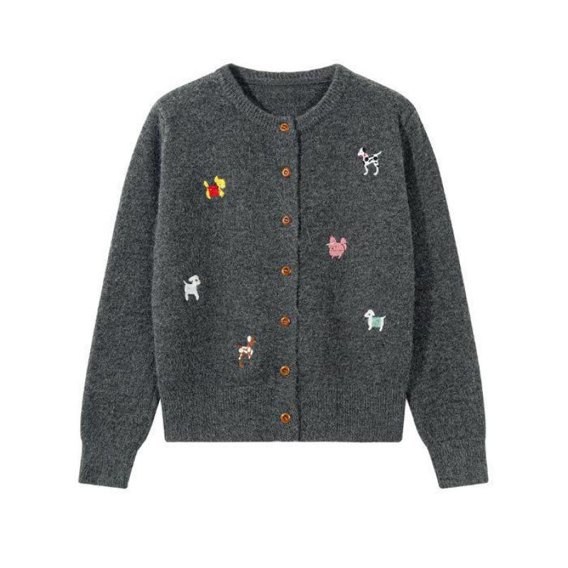 Women's Petite Fluffy Knit Cardigan: Japanese Style with Dog Embroidery, Perfect for Autumn/Winter