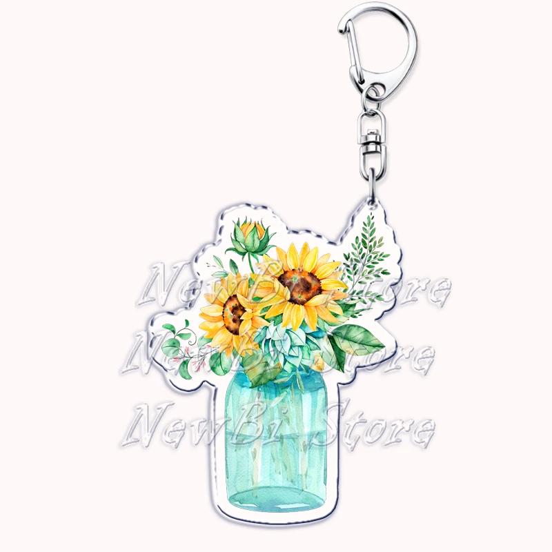Romantic Pink Rose Flower Keychains Sunflower Red Love Keyring for Accessories Bag Key Chain Ring Jewelry Lovers Friends Gift