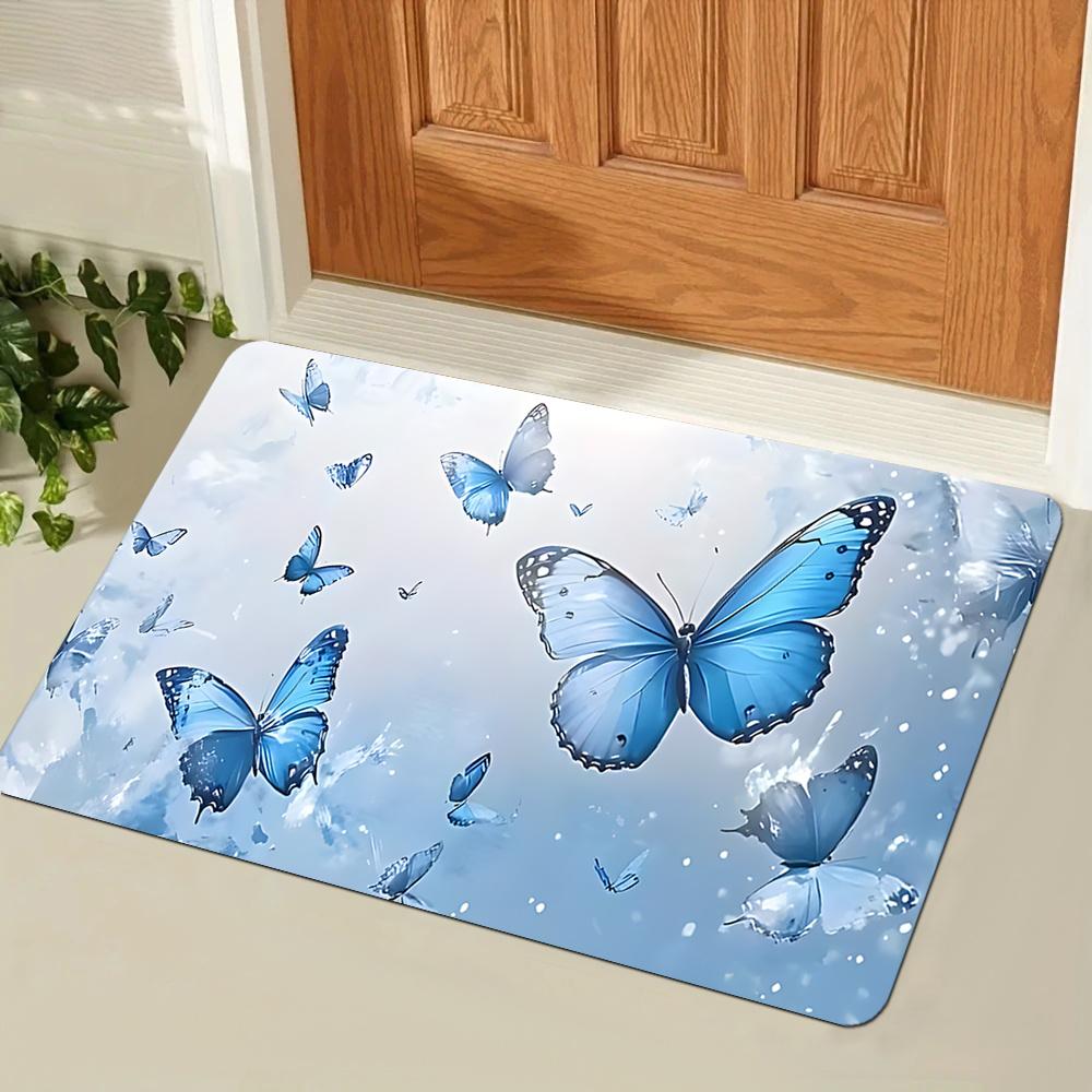 1pc Blue butterfly patterned floor mat, machine washable polyester, suitable for bedroom and living room décor.