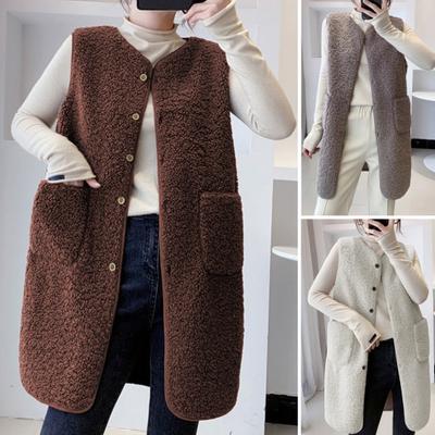 Fall Winter Women Vest Coat Round Neck Loose Mid Length Sleeveless Single-breasted Pockets Cardigan