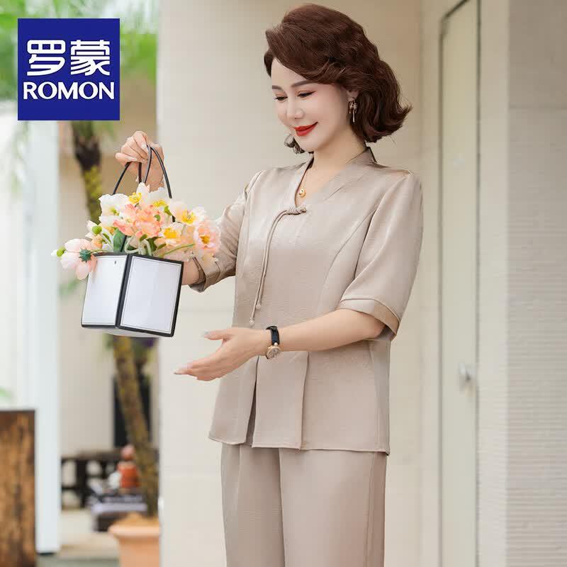 ROMON New Chinese Style Women s Short Sleeve Two-Piece Set 3XL