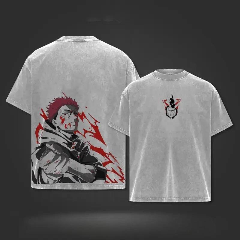 Футболка с графическим принтом аниме Jujutsu Kaisen Itadori Yuji, мужская и женская одежда, футболка оверсайз из стираного хлопка, футболка в стиле Харадзюку-ретро. XXL серый