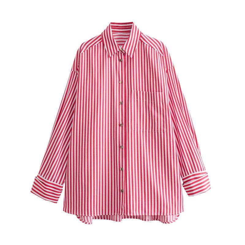 Z Home 1116 Summer New European and American Casual Versatile Lapel Edge Cuffs Loose Striped Shirt 1711111