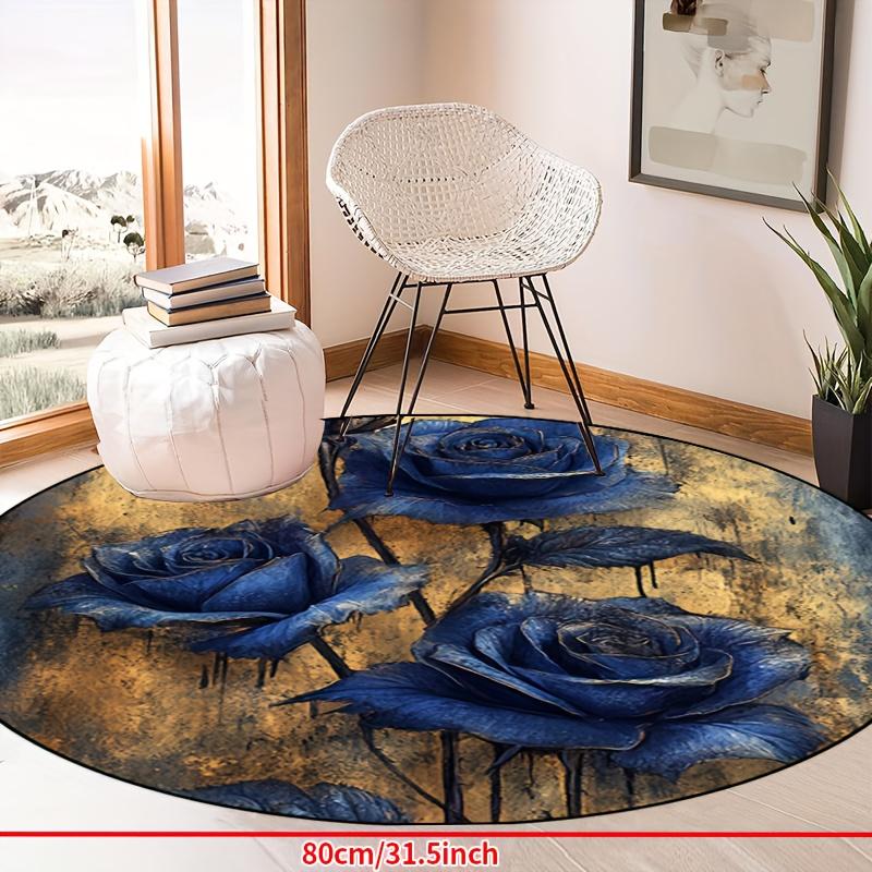 Luxury  Navy Golden  flower Pattern Round Shape Floor Mats Kitchen Hallway Runner Rug Bedroom Living Room Soft Carpet Non-slip Area Rug