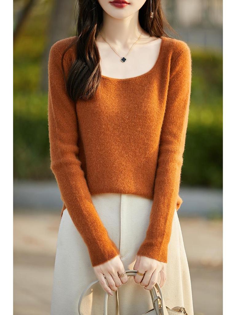 Slim Fit U-Neck Cashmere Sweater: Women's Elegant Spring/Autumn Knitwear Pullover