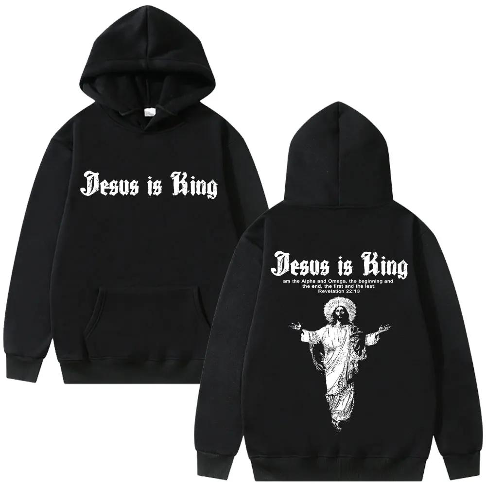 Jesus Is King Print Men Hoodie Religious Outdoor Street Gothic Harajuku Casual Fashion Long-sleeve Autumn Top