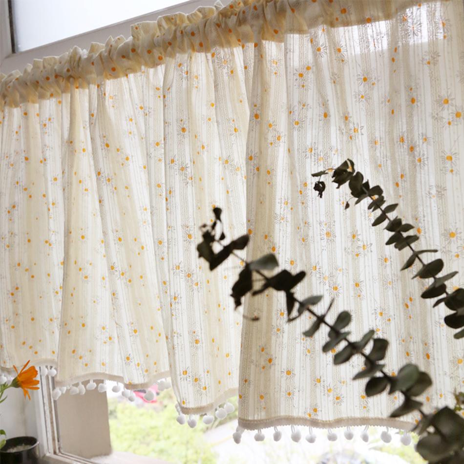 Koreaanse Margriet Gordijnen Wegzakbaar Gordijn met Stangzak Bloemenkwastjes voor Keuken Slaapkamer Woonkamer Erker Kast Gordijn W60xH90cm&Rod Pocket