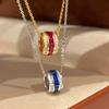 Red Corundum Princess Cut Pendant Necklace & Blue Spinel Ring with Ruyi Turn Bead Gemstone Set for Women