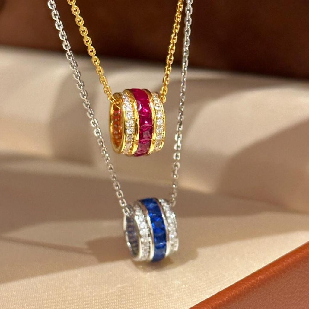 Red Corundum Princess Cut Pendant Necklace & Blue Spinel Ring with Ruyi Turn Bead Gemstone Set for Women