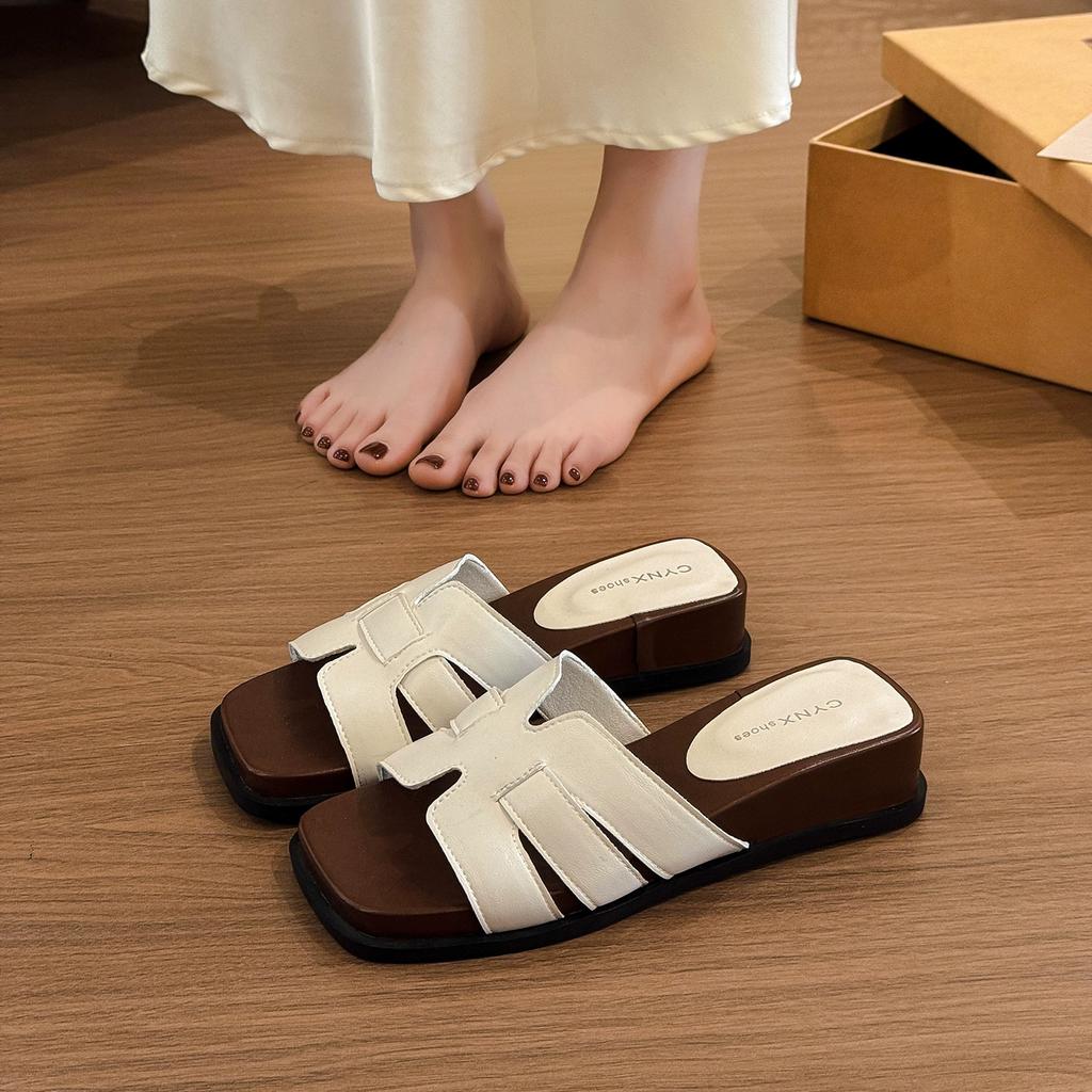 Black retro wedge heel heightening one-word slippers women's summer wear 2025 new soft-bottomed versatile non-slip cool slippers