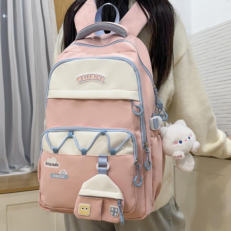 Student Schoolbag Women's Color Contrast Backpack Large Capacity Backpack with Coin Purse