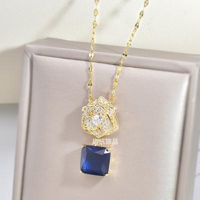 Light Luxury Camellia Necklace Women'S High Sense Versatile Retro Geometric Gemstone Collarbone Chain