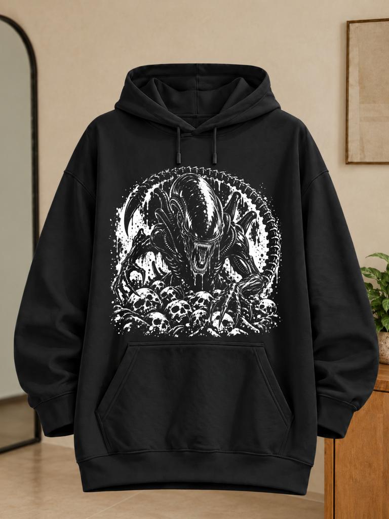 Unisex Hoodie Black with Black and White Xenomorph Alien Creature Arched Tail Sharp Claws Scattered S and Horror Comic Art