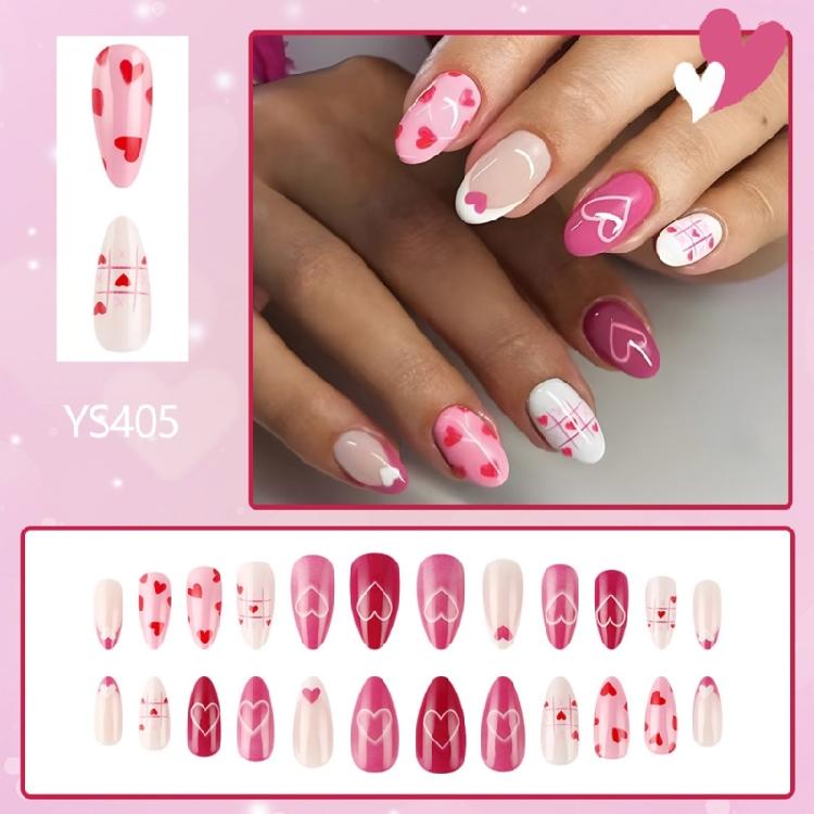 24 Pcs Pink Heart Artificial Nail Valentines Day False Nail Lovely Stick on Nail French Press On Nail for Holiday