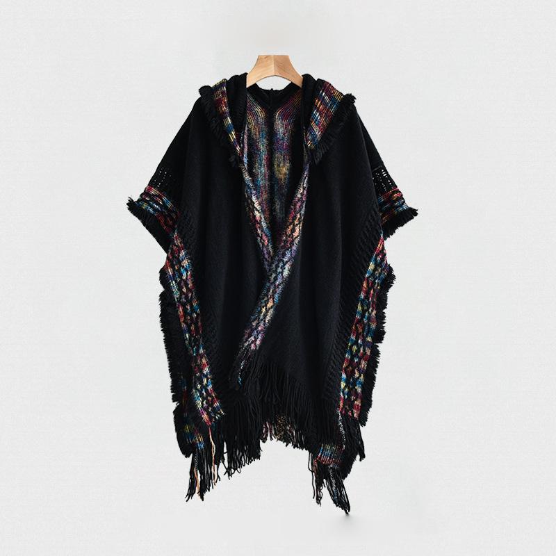 Casual Dark Pattern Hooded Shawl: Versatile, Comfortable, Breathable, Warm, Simple Fashion Scarf-Cape.