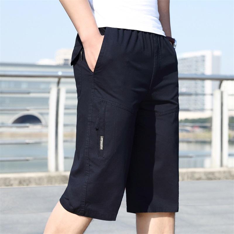 Summer New Men's Elastic Waist Solid Color Cropped Pants Large Size Fat Man Tooling Pure Cotton Outdoor Leisure Sports Shorts