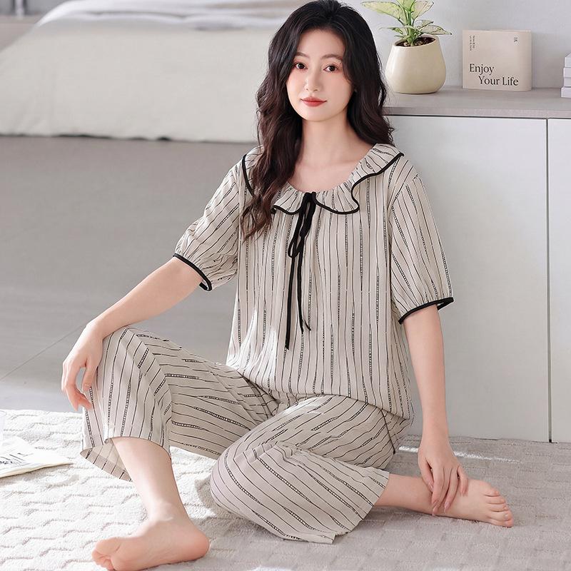 Pure cotton summer thin pajamas women's 1011 new summer cool short-sleeved cropped pants large size loungewear set