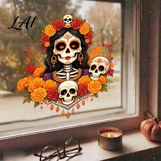 Unique Gift for Mexican Culture Fans Day of The Dead Window Clings Dia De Los Muertos Sticker Colorful Home Decor Sugar Skull with Flowers Halloween