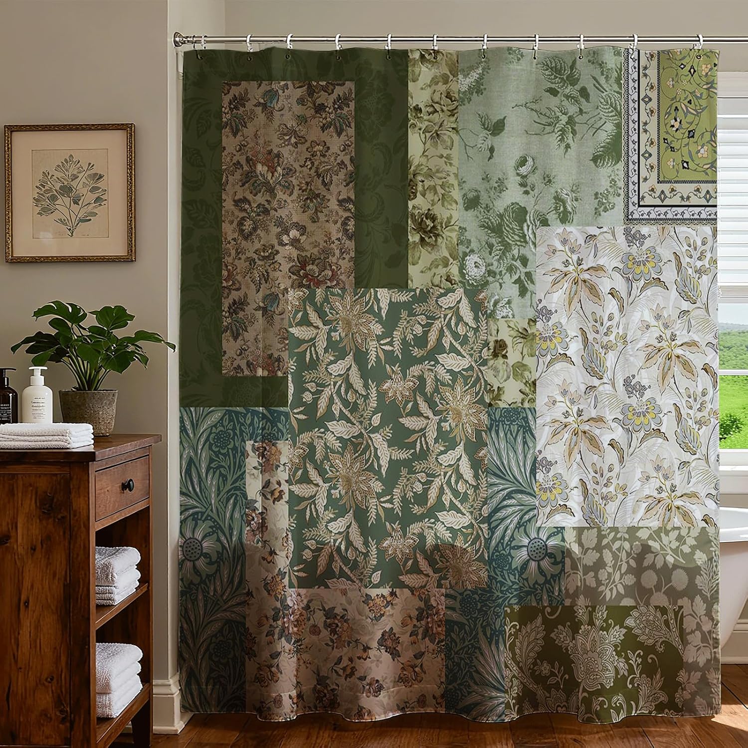 Dunika Chen Green Vintage Boho Shower Curtain Retro Floral Shower Curtain For Boho Bathroom Decor Waterproof Fabric Mid-Century Farmhouse