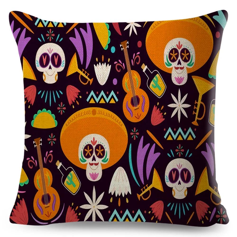 Day Of The Dead Pillowcase Decor Cartoon Mexico Flower Skull Print Cushion Cover for Sofa Home Polyester Pillow Case 45x45cm