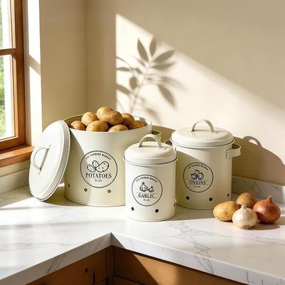 3x Vegetable Storage Tin White Container Potato and Onion Bin for Countertop