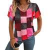 Summer V-neck 3D Square Stripe Printed Top Fashionable Casual Short Sleeved Women's T-shirts