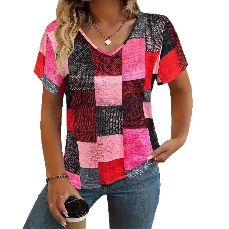 Summer V-neck 3D Square Stripe Printed Top Fashionable Casual Short Sleeved Women's T-shirts