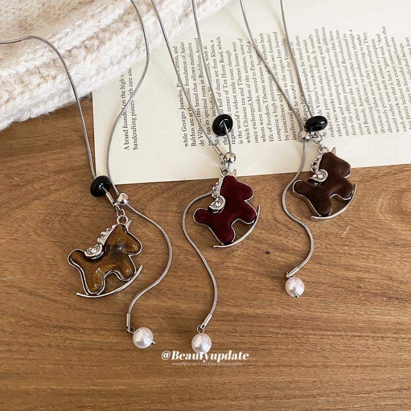 Flocking Zircon Pony Pendant Necklace New Chinese Temperament Sweater Chain Natal Year Light Luxury High-end Niche Neck Chain