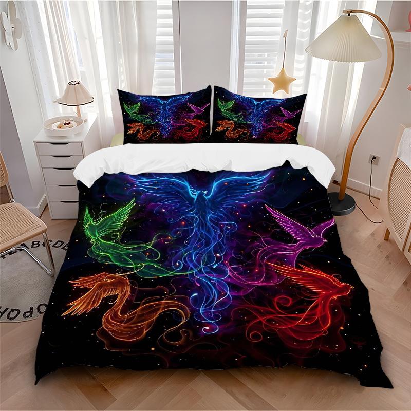 3pcs Multicolored Phoenix Bedding Set, Including 1 Quilt Cover and 2 Pillow Shams, Without Filling, Soft and Comfortable Home Bedroom Fabric, Fas