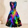 Women Plus Size Star Printed Two Piece Set Sleeveless Round Neck Tie Waist Flared Dress 3 4 Sleeve Open Cardigan