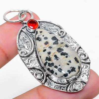 Natural Dalmation Jasper, Garnet Gemstone 925 Sterling Silver Pendant 2.36" E2L59
