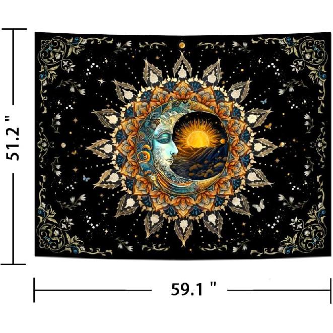 Ameyahud Moon and Sun Tapestry Spiritual Mandala Tapestry Black Flower Plant Tapestries Hippie Boho Tapestries Vintage Aesthetic Wall Hanging Decor