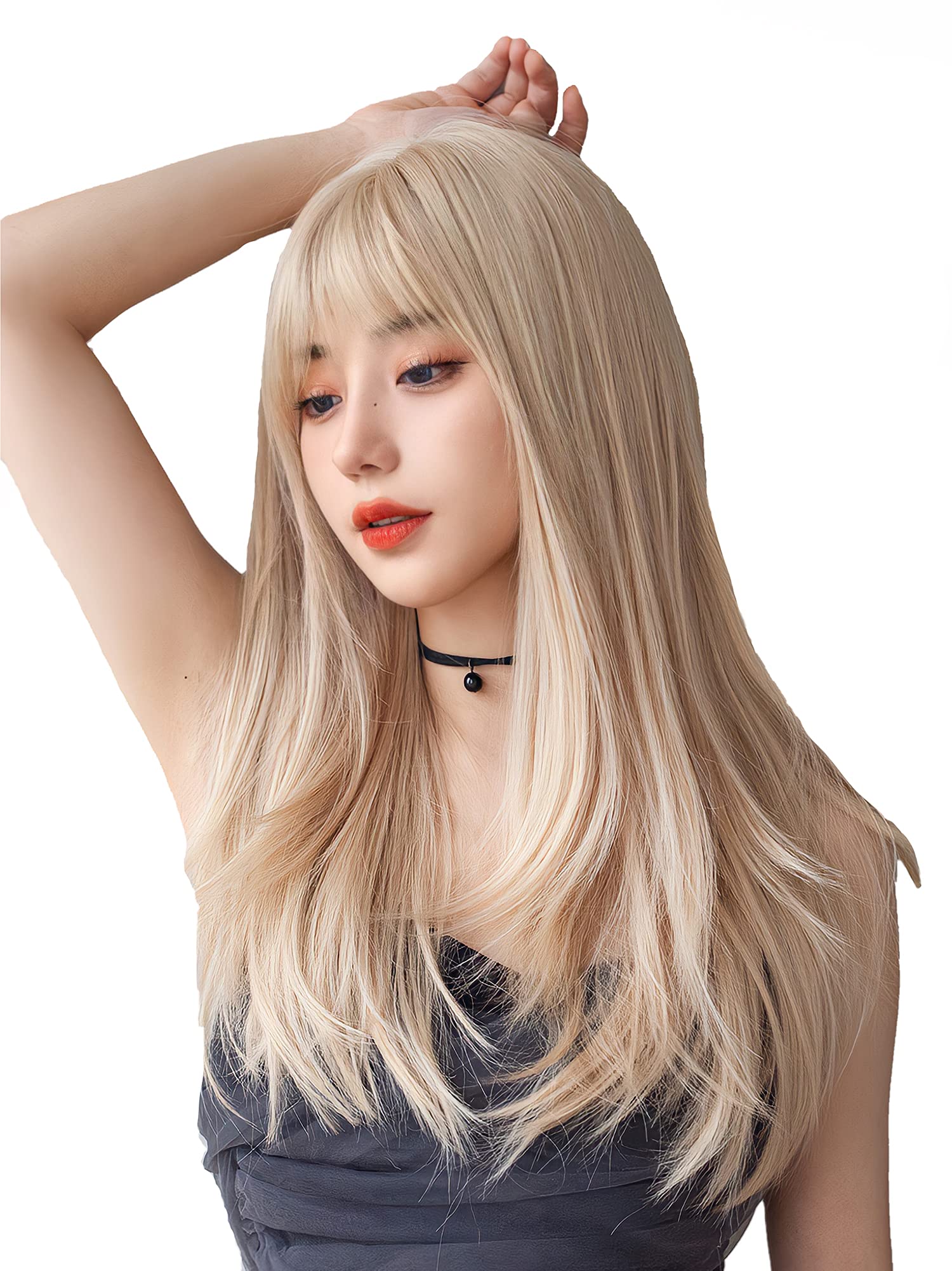 

Natural-looking long wig, medium length, straight wig, full wig, semi-long, layered wig, women s wig with net (platinum color)