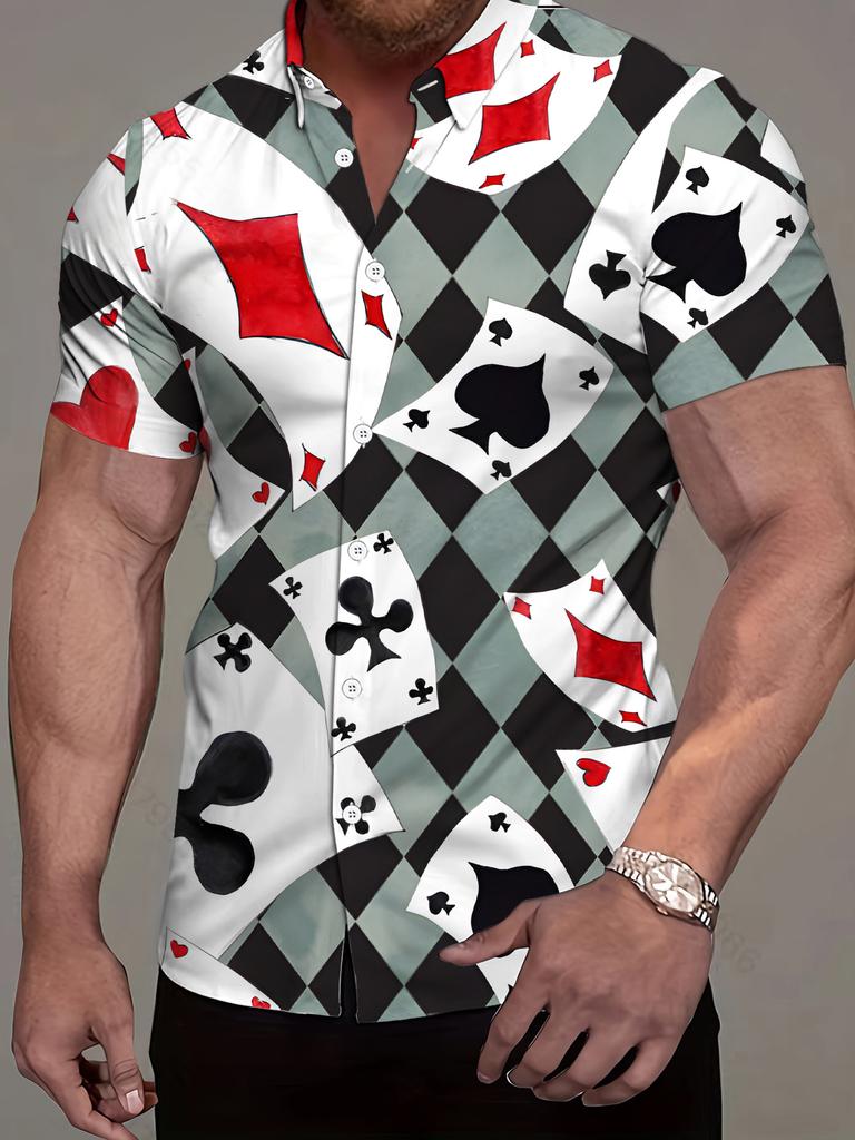 Men's Plus Size Oversized Short Sleeve Shirt with Playing Cards Jack of Spades/Hearts Print - Loose Fit Collar Summer Streetwear Blouse - Machine